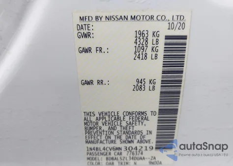 2021 Nissan Altima Sr Fwd from USA, damaged, VIN 1N4BL4CV6MN304219